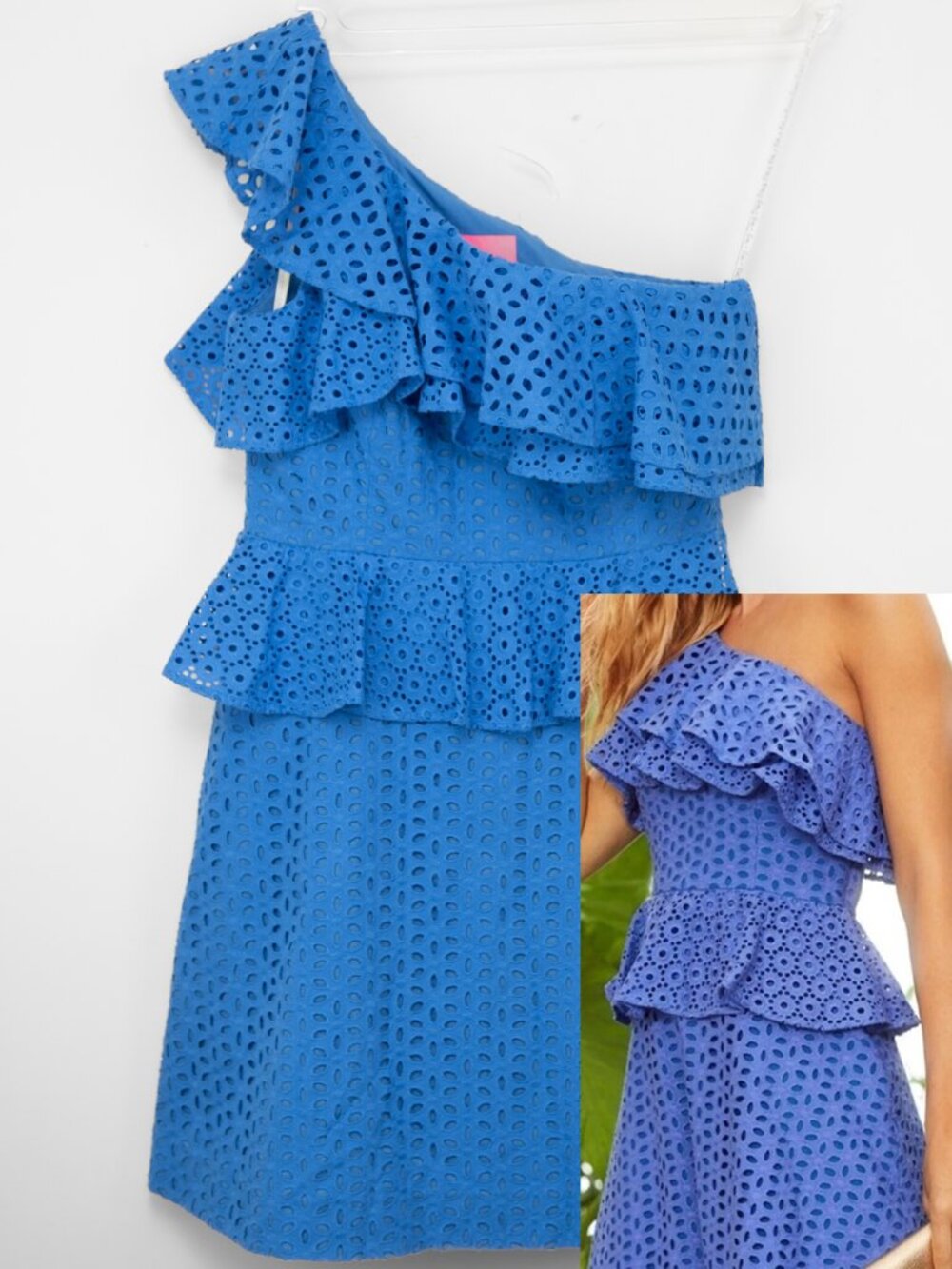 Lilly Pulitzer Josey Dress Costal Blue Oval Flower Petal Eyelet One Shoulder 10